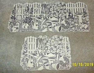  White/Dk Grey Lace Garden Scene Design Table Runner & Doily set of 2 - Picture 1 of 4