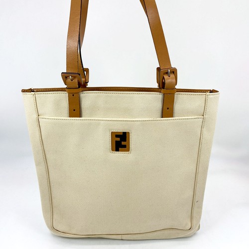 Borsa a tracolla in tela FENDI con placca logo FF beige e marrone 6444