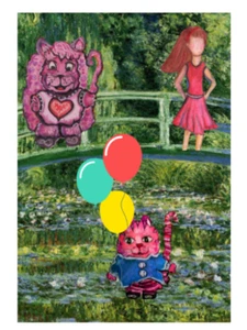 Painting Print Fantasy Surreal Art Cats & their Friend on Monet's Bridge 8 x 10" - Picture 1 of 7