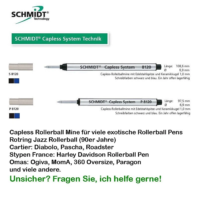 SCHMIDT Capless System S 8120 + P 8120 Rollerball Mine für Cartier Waterman OMAS