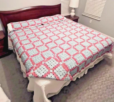 Винтажный ручной работы YO-YO лоскутное одеяло и подушка покрывало синий розовый депрессии эпохи 76 x 84" - Изображение 1 из 4