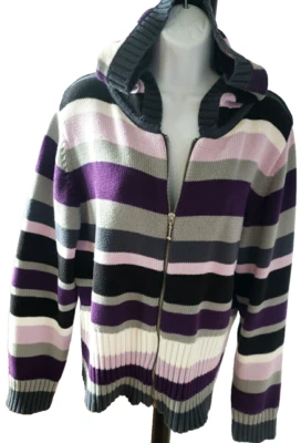 Suéter De Colección Años 90 Con Capucha Cremallera Multi Rayas Púrpura Rosa Negro Algodón Mujer XL Foto 1 de 4