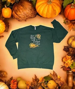 Vintage JERZEES Fall PUMPKIN Sunflower Green Sweatshirt Women's Size Large - Picture 1 of 9