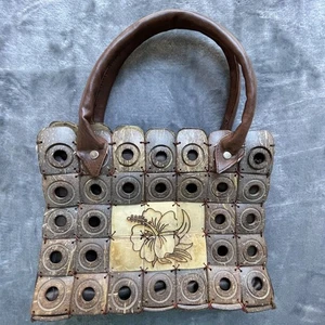 Coconut Purse Brown Hawaiian Hibiscus Natural Tropical Square Clutch Tiled - Picture 1 of 6