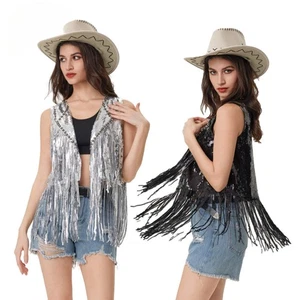 Femme Sequin Gland Gilet Débardeurs Rivet Frange Gilet Déguisement Brillant Fête - Imagen 1 de 13