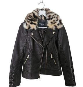 Neu Guess Kunstleder Motorrad Jacke Cocoa Bean Kunstfellbesatz Größe M  - Bild 1 von 18