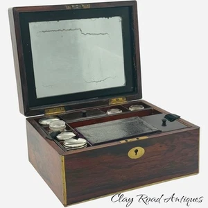 Antique Rosewood traveling shaving box writing sewing compartments bottles 1860 - Picture 1 of 24