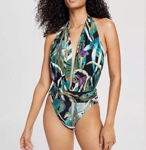 Costume da bagno VINCE CAMUTO Halter collo a tuffo un PC taglia 8 nero multi vendita al dettaglio $130 - Foto 1 di 9