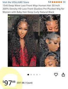 30 Inch 13x6 Black Curly Human Hair Lace Front Wig - Picture 1 of 6