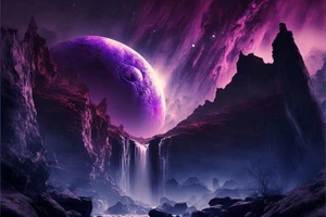 Leinwandbild Lila Weltraum Wasserfall Fantasy Wandbild Poster Druck - Bild 1 von 22