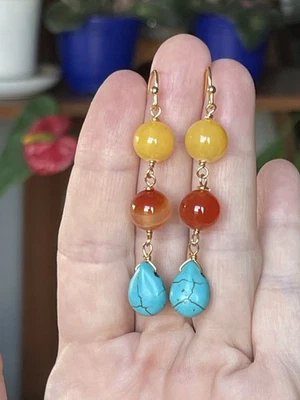 Barse 青铜正品黄色玉红宝石蓝色 Magnesite 耳环 — 第 1/4 张图片