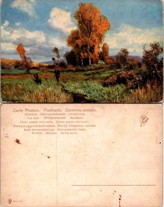 Postal con una pintura impresionista de un paisaje con árboles y figura - Imagen 1 de 1