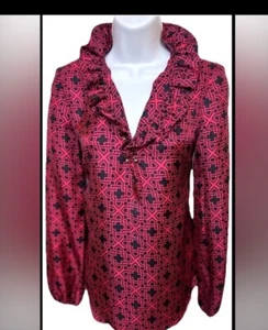 ELIZABETH MCKAY Blouse Silk Pink Black Geometric Ruffle Collar V Neckline 2 - Picture 1 of 9