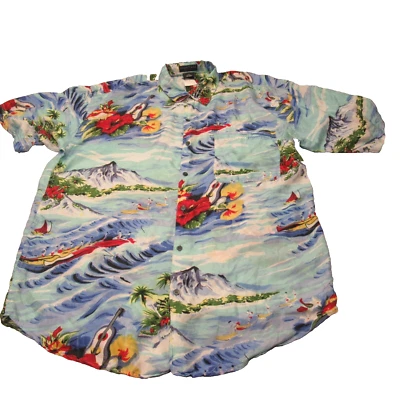 Montage Silk Shirt Mens Large Navy Sage Hawaiian Short Sleeve Button Up NEW - Image 1 of 4