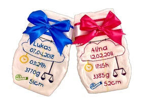 Bestickte Windel mit Name und Geburtsdaten, Geschenk zur Geburt - Bild 1 von 6