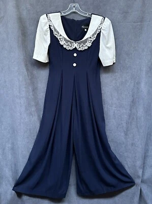 复古宽腿连身裤 Cottage Core 蕾丝领女式小号 80 年代 — 第 1/4 张图片