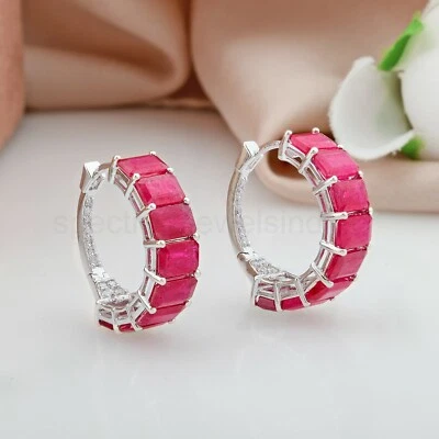 10.83 TCW Real H/SI Diamond Ruby Gemstone Hoop Earrings Jewelry 14k White Gold - Image 1 of 4