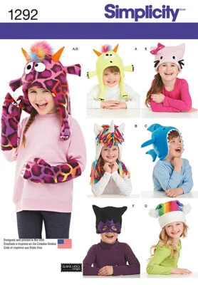 Simplicity 1292 Novelty Hats and Mittens for Kids Sz S-M-L UNCUT Sewing Pattern - Image 1 of 3