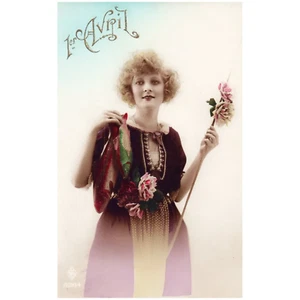 April First Woman Holding Fish and Flowers Vintage April Fools French Postcard - Picture 1 of 2