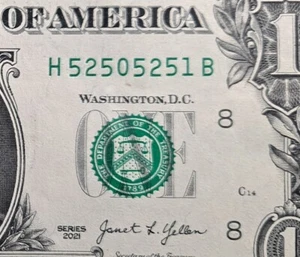 Número de serie de lujo serie de billetes de $1 2021~52505251~ ((nota de cuenta)) sin circular - Imagen 1 de 3