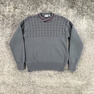 Vintage Wool Sweater Mens Large Grey Crew Neck Geometric Knit 80s Made In USA - Picture 1 of 14