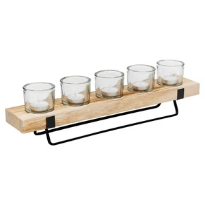 Wood & Metal 5 Glass Tealight Candle Display Tray Holder Set Wedding Centrepiece - Picture 1 of 6