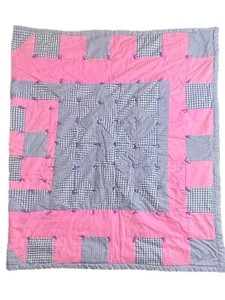 Handmade Pink Cotton & Purple Gingham Patchwork Extra Long Lap Throw Quilt - Picture 1 of 8