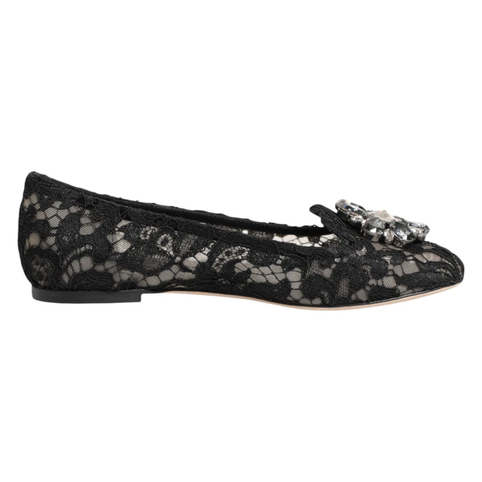 Dolce&Gabbana Women Black Ballet Flats Cotton Blend Floral Lace Moccasins EUR 35