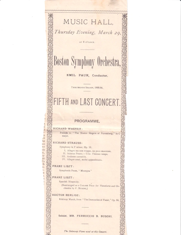 Programa Sinfónico de Boston 1894 Emil Paur director con FERRUCCIO BUSONI como solista Foto 1 de 1