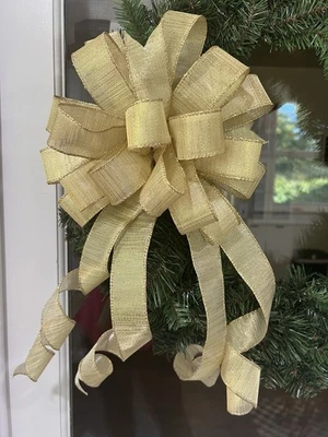 Handmade Gold Metallic Christmas Gift Bow 10 x 20 in. Wreath Bow Swag Bow - Image 1 of 4