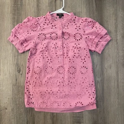 Blusa J.CREW Manga Abullonada Popover Ojales Rosa Manga Corta Volantes Talla XXS Foto 1 de 4