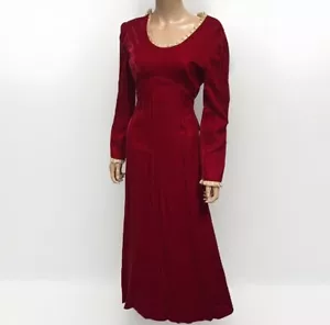 1960 Red Velvet Long Christmas Dress Lace Trim Long Sleeves - Picture 1 of 15