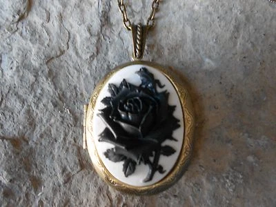 BLACK ROSE CAMEO LOCKET (ON WHITE)- ANTIQUE BRONZE, VINTAGE LOOK, UNIQUE - Image 1 of 4