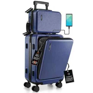 2 Piece Navy Hardside Carry-On Luggage With Expandable Spinner Wheels Suitcase - Picture 1 of 8