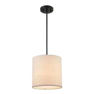Monteaux Lighting 10 in. 1-Light Black Drum Pendant Light Fixture+Linen Shade - Picture 1 of 8