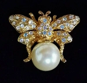 Rhinestone Bug Brooch Scatter Pin Insect Fly Butterfly Bee Wasp Faux Pearl VTG - Picture 1 of 6