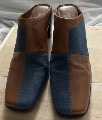 Y2K Vtg Worthington Denim/Brown Mules Heels Leather Square Toe Women’s Size 8M - Image 1 of 4