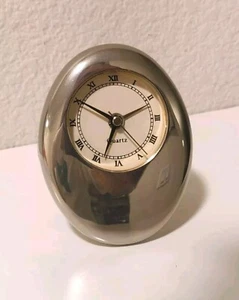 Vtg MCM Silver Plated Desk Clock Travel Stand Oval Egg - Picture 1 of 7