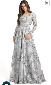 Mac Duggal Platinum Grey Sequin Floral Embroidered Long Sleeve Gown Uk Size 6 - Imagen 1 de 5