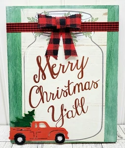 Merry Christmas Y'All Rustic Farmhouse Handcrafted Wood Wall Hanging Sign 10"x8" - Picture 1 of 5