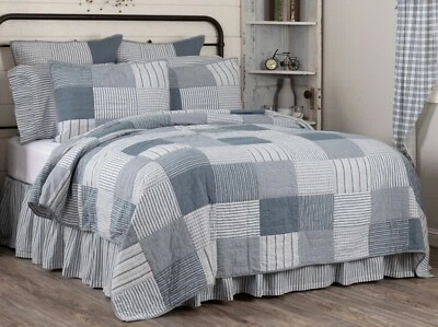 Blue King Quilt Farmhouse Bedding Sawyer Mill Cotton Hand Quilted Patchwork - Image 1 of 4