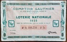 Billet de loterie nationale 1935 3e tranche - Comptoir Gauthier - 1/10 dixième