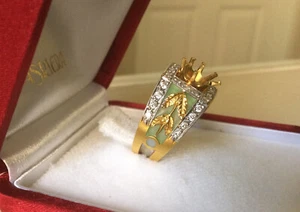 Masriera Art Nouveau Gold Leaves/Green Enamel/Diamond Ring Semi-Mount Engagement - Picture 1 of 11