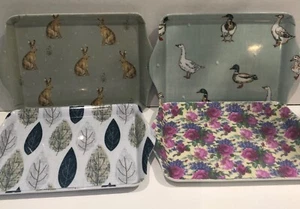 4 Mini Melamine Trays 21cmx14.5cm Nature Theme Hares Ducks Flowers Leaves Snacks - Picture 1 of 5