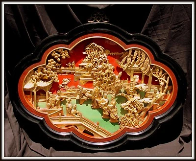 Huge"Antique Carved Gilded Chinese Three Dimensional Figural Panel"(35"W x 26"H) — 第 1/4 张图片