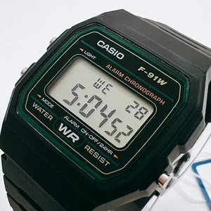 Casio Standard F-91W-3 Boys Watch Quartz Black Green Dial Digital Japan F-91W-3D - Picture 1 of 9