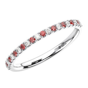 Round Brilliant Cut Diamond Red Ruby Half Eternity Wedding Ring, 9K White Gold