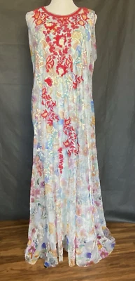 JOHNNY WAS Biya Size XL Mesh Floral Embroidered Sleeveless Maxi Dress with Slip - Image 1 of 4