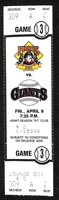 1993 Giants @ Pirates Full Ticket 4/9 Barry Bonds 2 HTs Three Rivers 88366 - Image 1 of 2