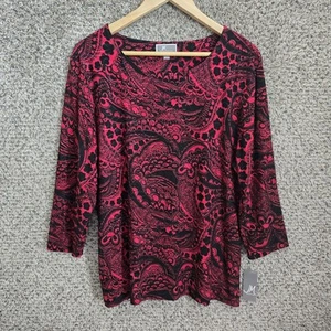 JM Collection Top Womens XL Red Jacquard Textured School Neck Blouse Ladies - Picture 1 of 7